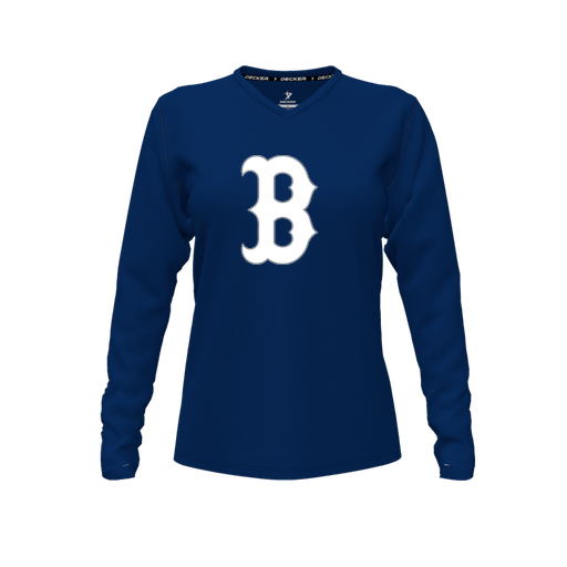 [CUS-DFW-TEES-CMF-VNK-LSL-NVY-FYXS-LOGO1] Decker Comfort T-Shirt (Female Youth XS, Navy, V Neck, Logo 1, Long Sleeve)