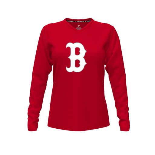 [CUS-DFW-TEES-CMF-VNK-LSL-RED-FYXS-LOGO1] Comfort T-Shirt (Female Youth XS, Red, V Neck, Logo 1, Long Sleeve)